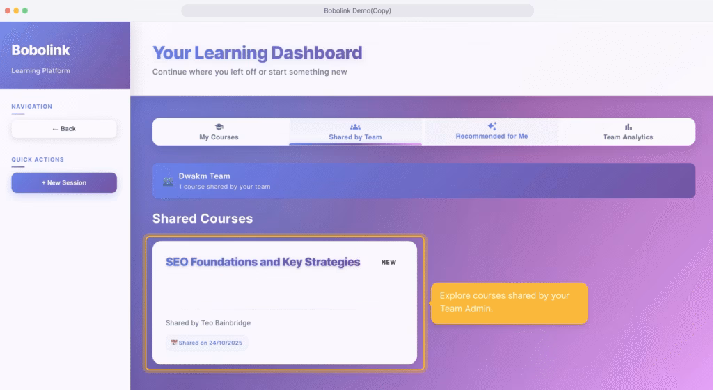 Screenshot of the Bobolink Teams learning dashboard - with one new lesson to complete