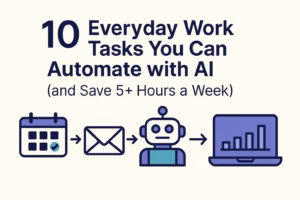 Feature image for blog post titled ‘10 Everyday Work Tasks You Can Automate with AI (and Save 5+ Hours a Week)’. Minimal, professional design in Bobolink brand colors showing icons of a calendar, email envelope, AI robot, and laptop with a bar chart connected by arrows, symbolizing automation and productivity.